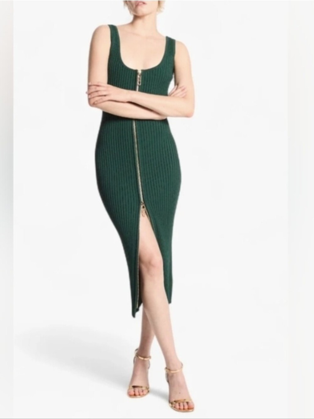 Zip-Front Ribbed Midi Dress in Forest Green Size L